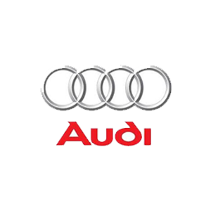 Audi logo with four silver rings above red wordmark on a white background