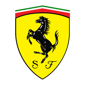 Ferrari shield logo: black prancing horse on yellow shield with red, white, and green stripes above