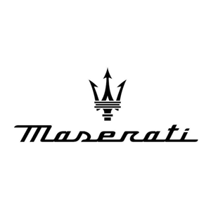Black Maserati wordmark with trident logo above on a white background