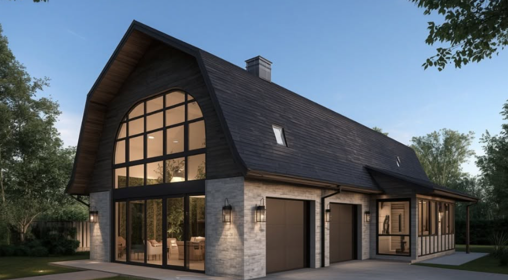 Modern two-story house with dark roof, stone accents, and large illuminated windows at dusk