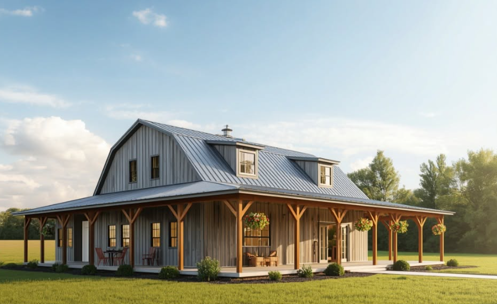 A rustic white farmhouse with a wraparound porch and dormer windows in a sunny green field.