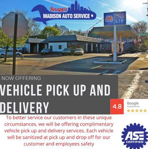Madison Auto Service offering vehicle pick up and delivery. Exterior shot of the auto shop with text and a Google rating.