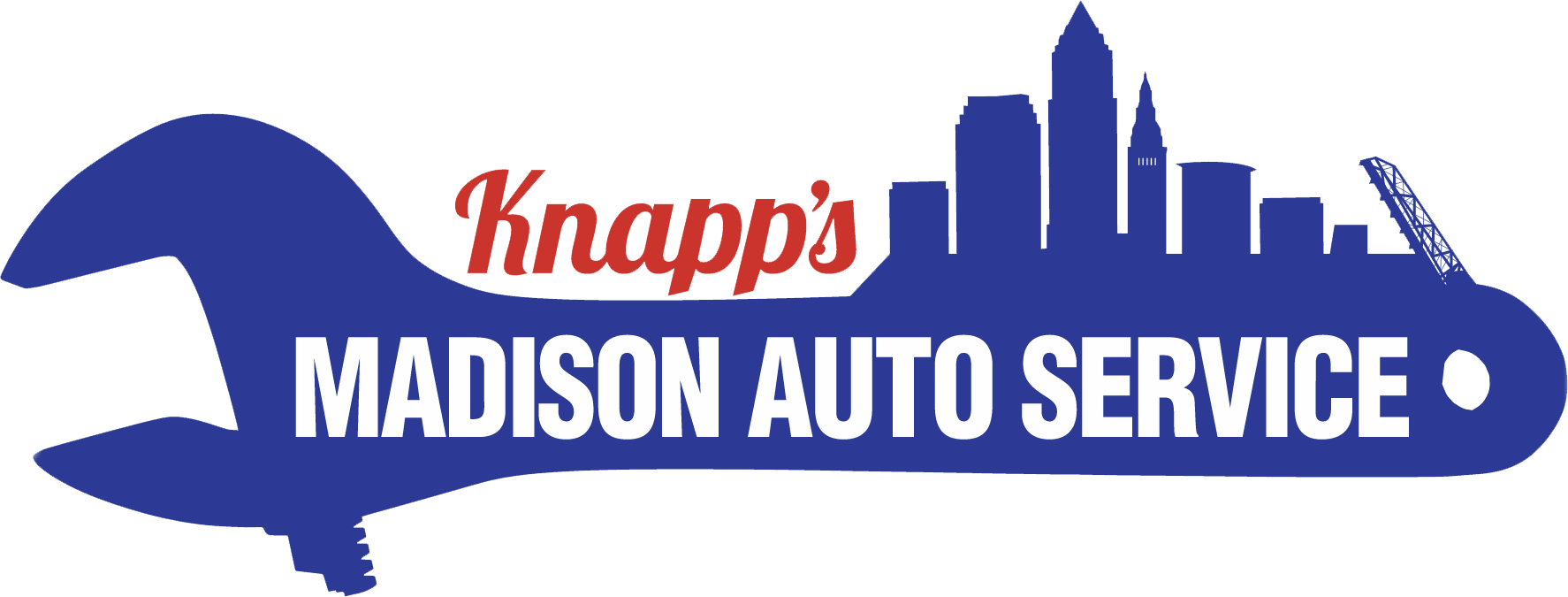 Logo for Knapp's Madison Auto Service. Blue wrench graphic with a city skyline and business name.