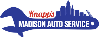 Logo for Knapp's Madison Auto Service. Blue wrench graphic with a city skyline and business name.
