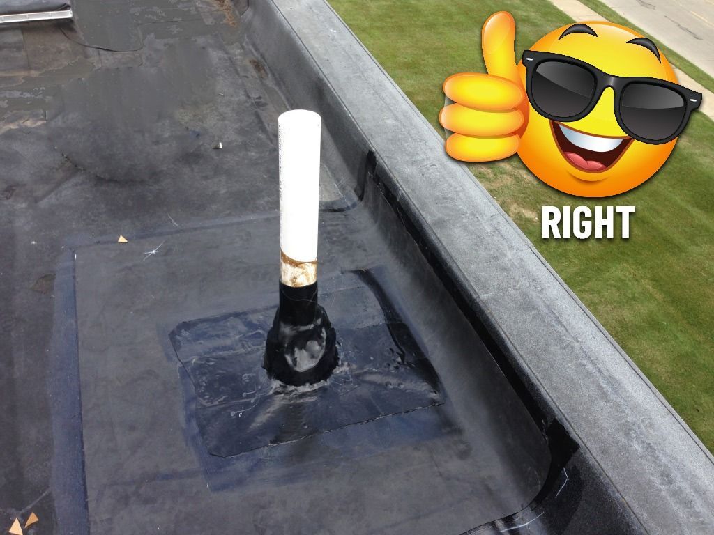White pipe standing in a black base on pavement beside grass, with a thumbs-up “RIGHT” emoji.