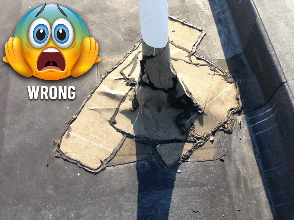 Damaged concrete around a pole base with a cracked patch marked “WRONG” and a shocked emoji.