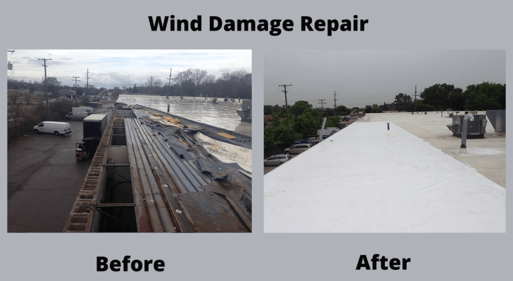 Wind damage repair: before and after rooftop restoration, showing damaged and repaired white roof.