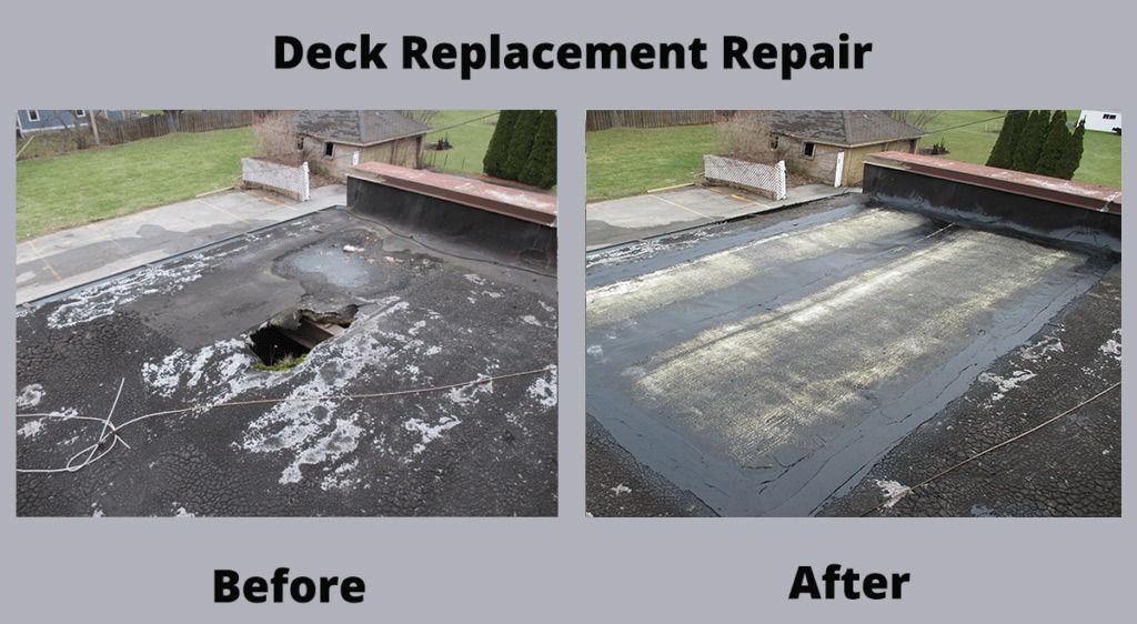 Deck replacement repair before-and-after: damaged deck with hole, then repaired deck surface