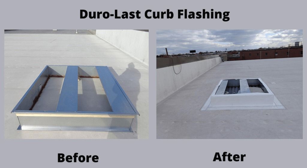 Before-and-after photos of blue-and-silver curb flashing on a flat roof.