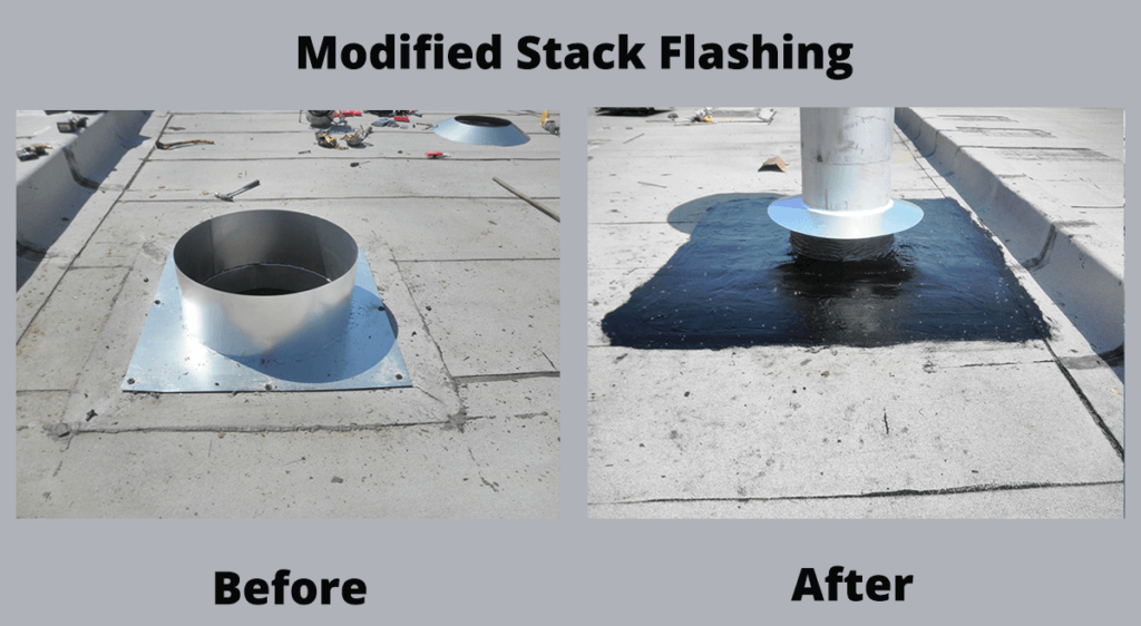 Side-by-side roof flashing comparison labeled “Before” and “After,” showing a modified stack flashing repair