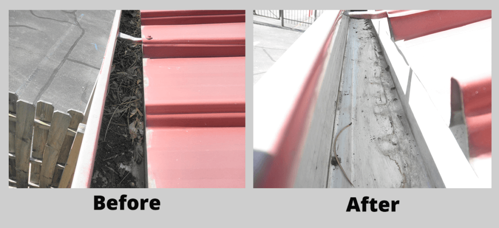 Before-and-after rooftop gutter repair: clogged debris beside red metal roof, then a cleared gutter interior.