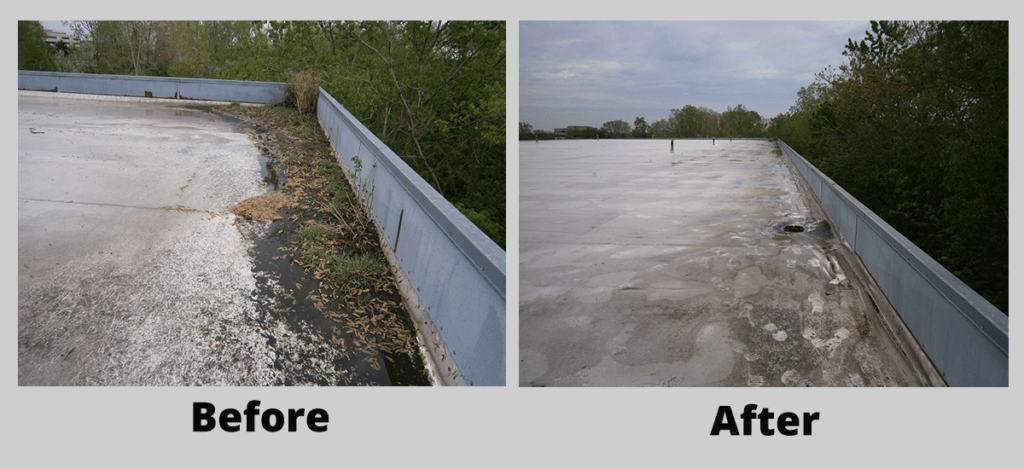 Before-and-after rooftop repair, showing a weathered roof cleaned and restored.