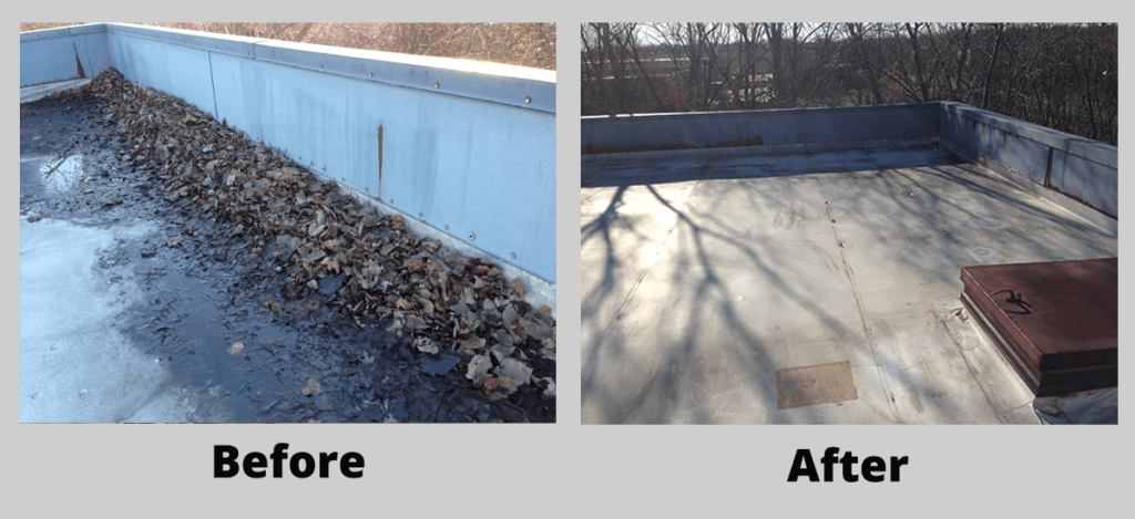 Split before-and-after view of a pool deck cleared of snow and debris, showing a cleaner concrete surface