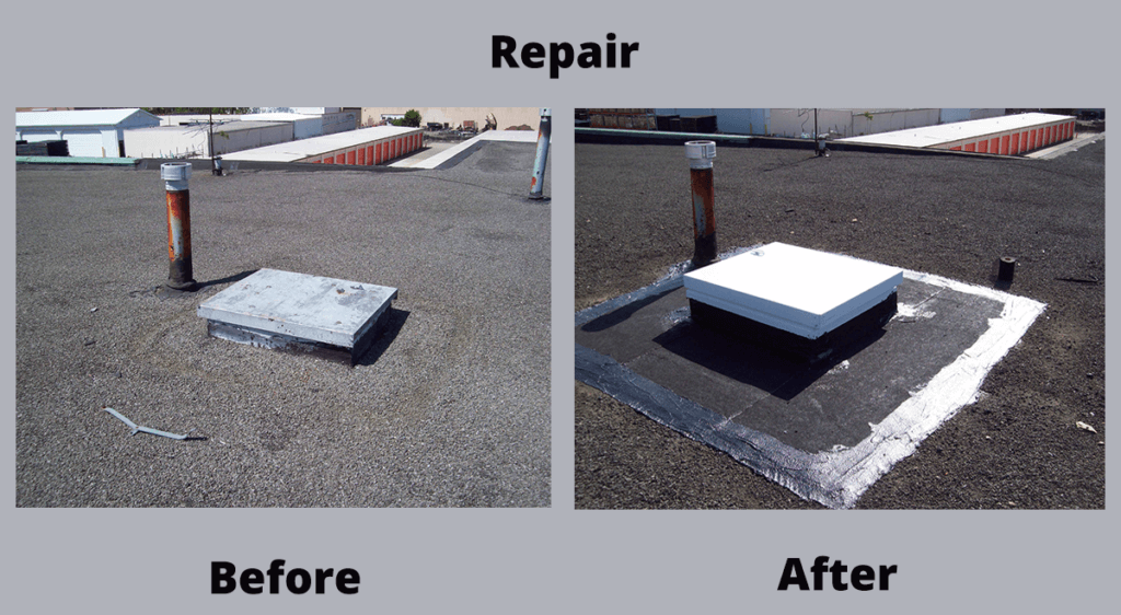 Before-and-after rooftop repair: cracked area patched and marked white around a vent pipe.
