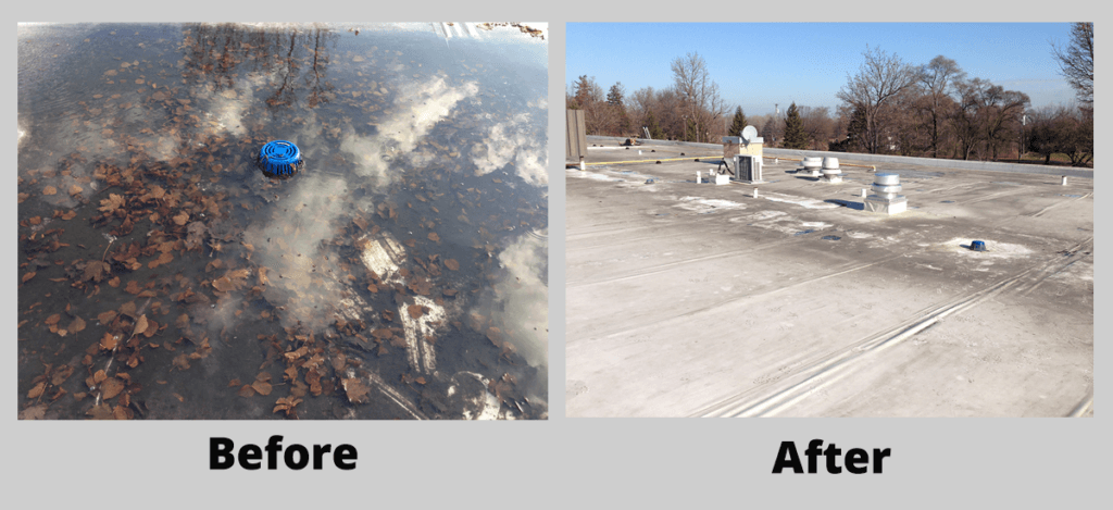 Before-and-after view of a trash-strewn roadside cleaned up into a mostly clear, open lot