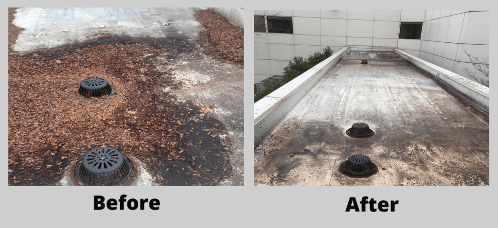 Side-by-side before and after of a cleared rooftop, showing debris removed around roof drains.