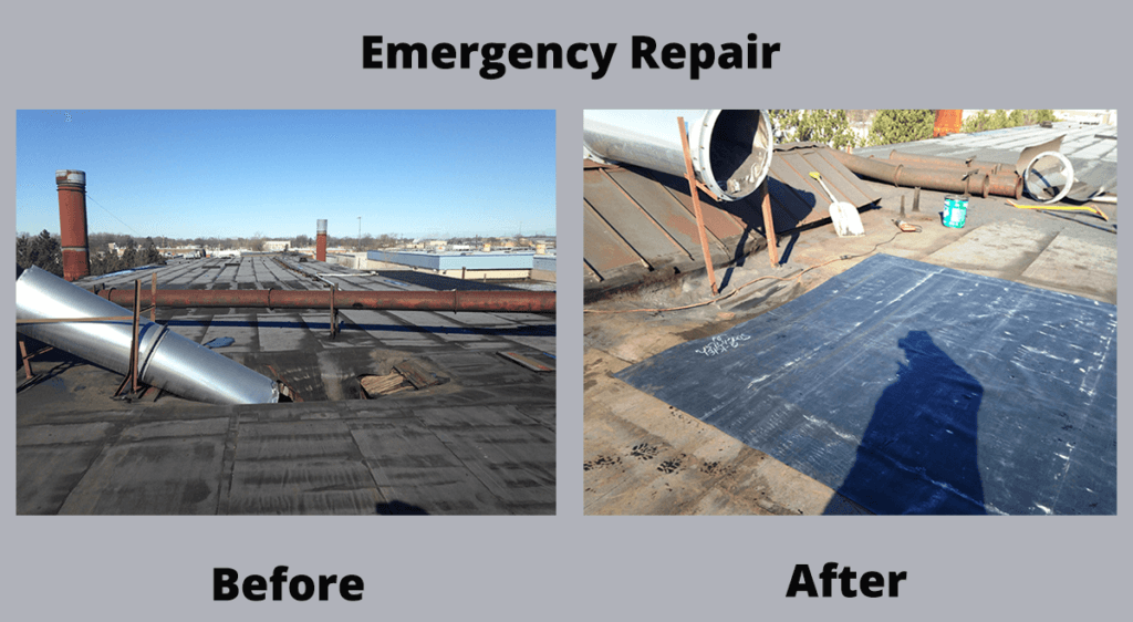 Before-and-after rooftop emergency repair showing damaged area replaced with a black waterproof patch.