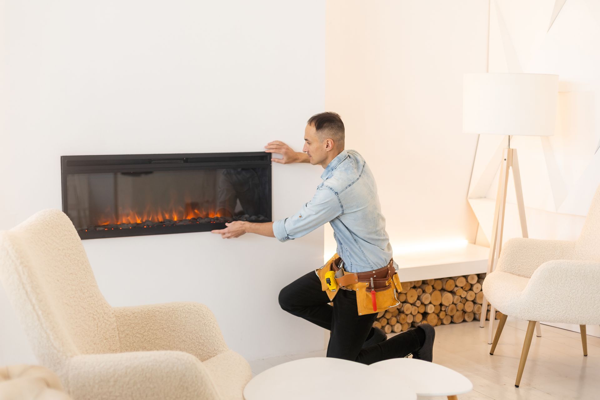 Person adjusting a wall-mounted electric fireplace in a bright modern living room