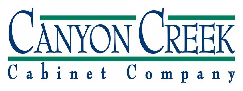 Canyon Creek Cabinet Company logo with dark blue text and green horizontal bars.