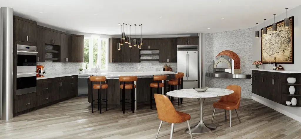 Modern kitchen with dark wood cabinets, large island, and dining area with orange chairs.