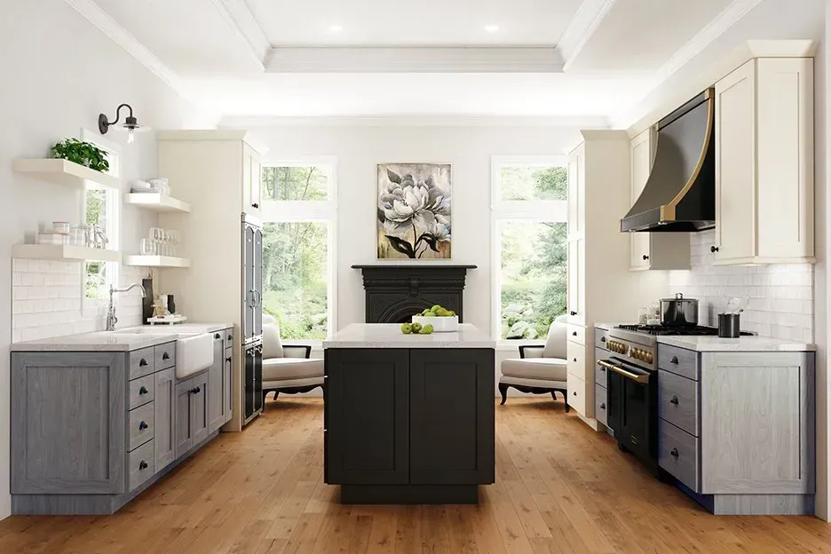 Modern kitchen with gray and cream cabinetry, island, and wood floors.