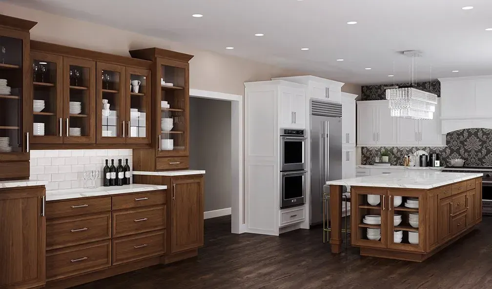 A modern kitchen with wood and white cabinetry, a large island, and stainless steel appliances.