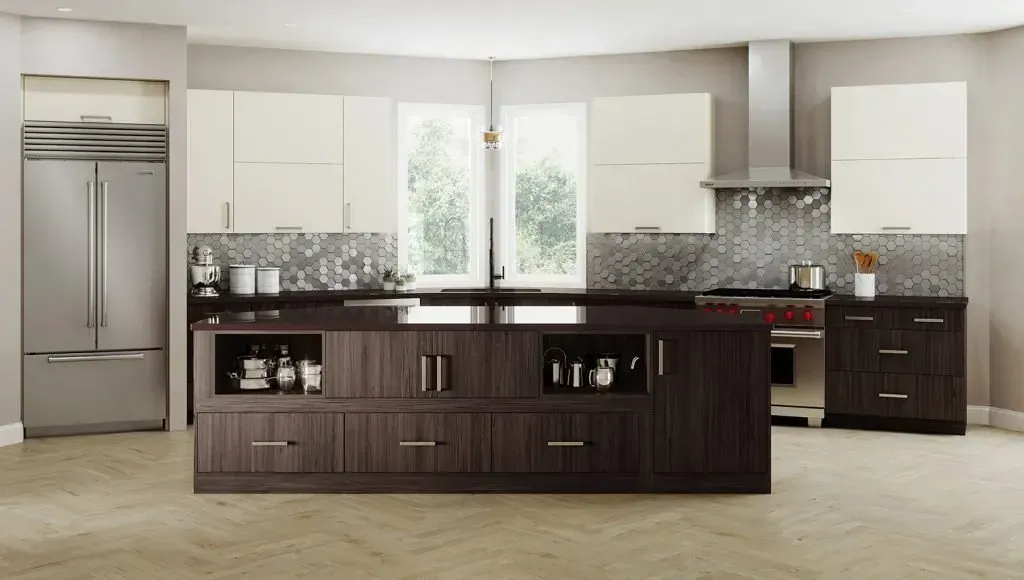 Modern kitchen with dark wood island, light cabinets, stainless steel appliances, and tile backsplash.