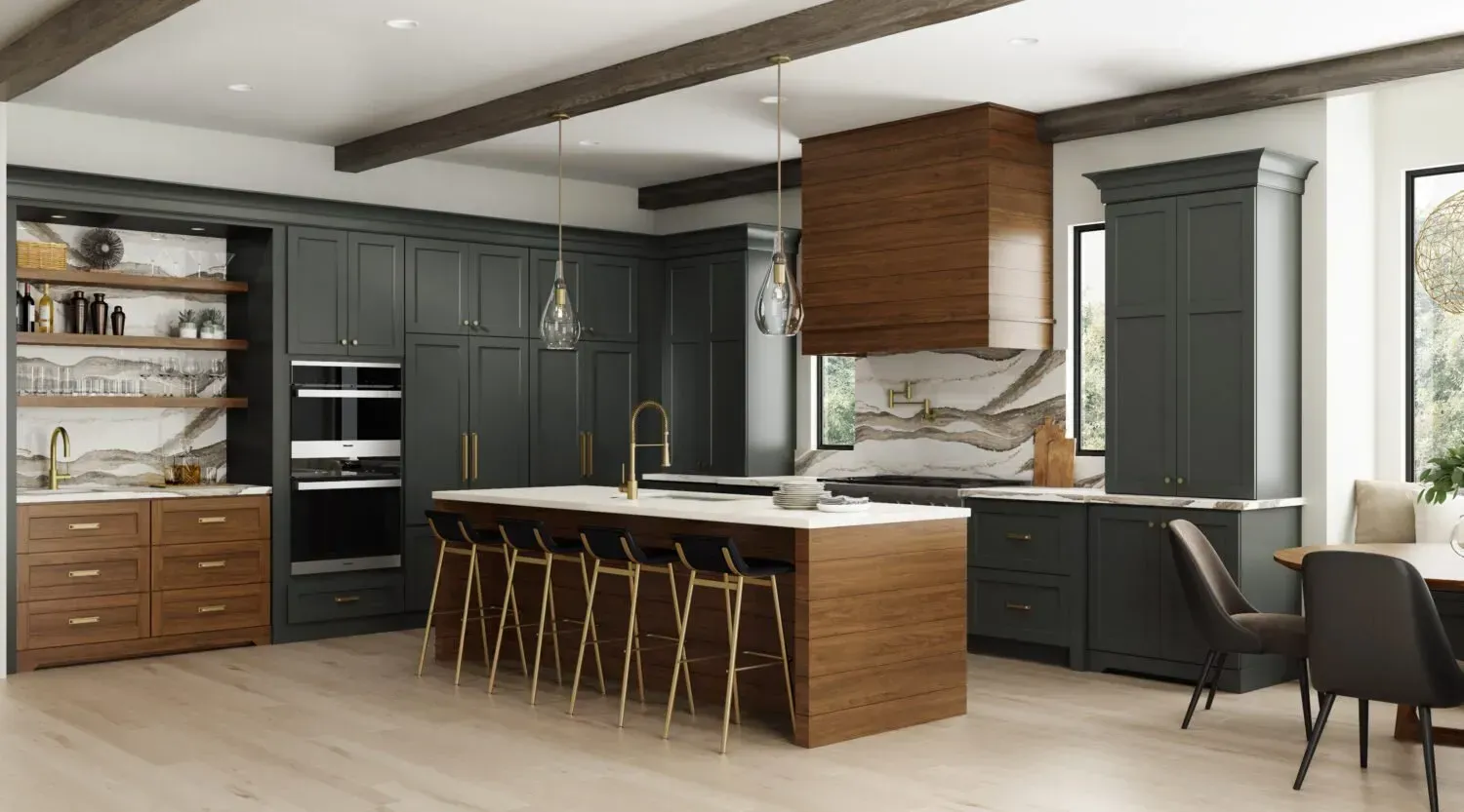 Modern kitchen with gray cabinets, wood island, and gold accents.