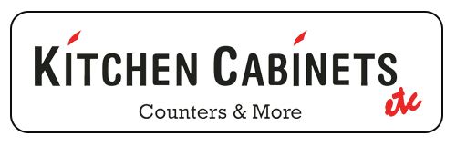 Logo for Kitchen Cabinets & Counters, black text with red accents, in a white rounded rectangle.