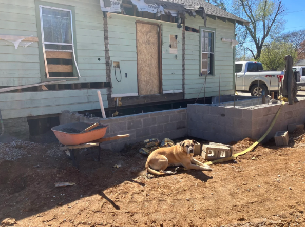 Damaged house with boarded doorway, collapsed cinder block wall, and a dog lying on dry ground outside.