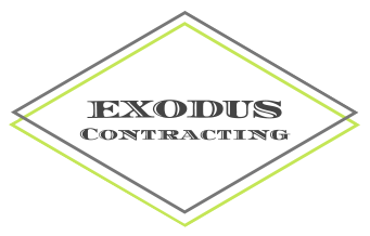 Exodus Contracting logo in black and lime-green diamond outline
