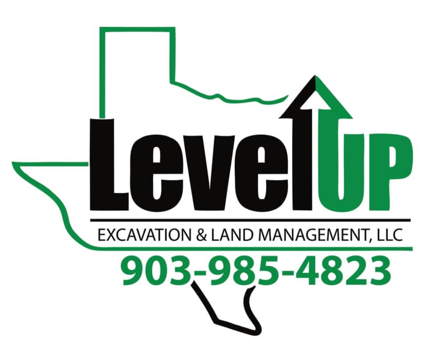 Level Up Excavation & Land Management LLC logo with green and black text, outline of Texas, phone 903-985-4823