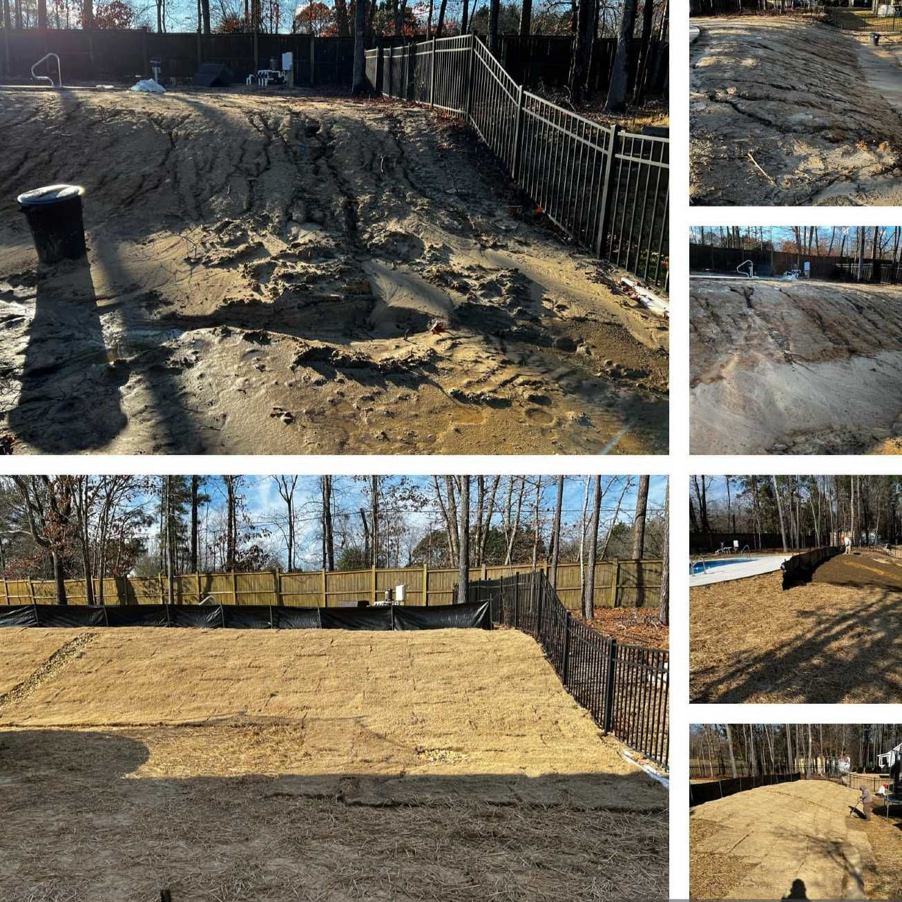A collage of pictures of a dirt field with trees in the background