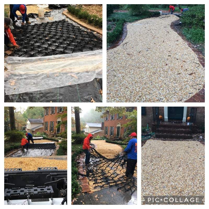A collage of pictures showing a driveway being built