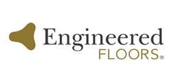 Engineered Floors logo. Gold abstract shape with the brand name in black text, 