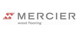 Logo for Mercier wood flooring, a gray wordmark with a red and gray geometric design on the left.