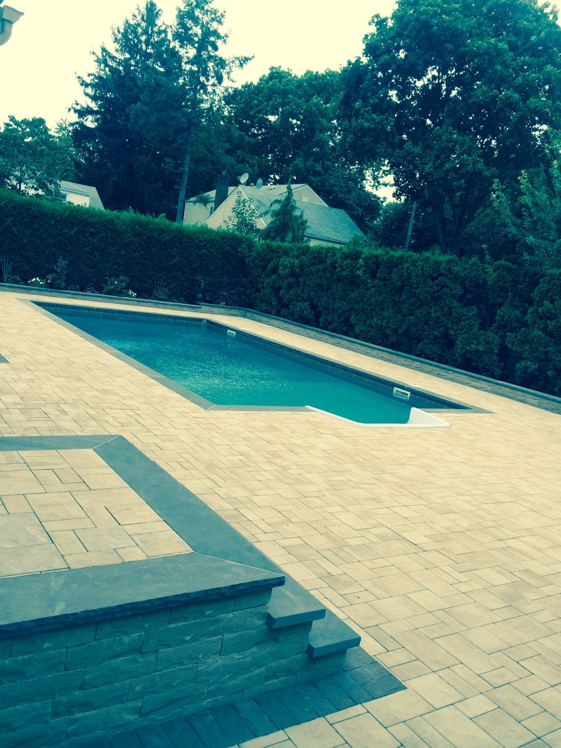 a pool with a stone walkway and bushes