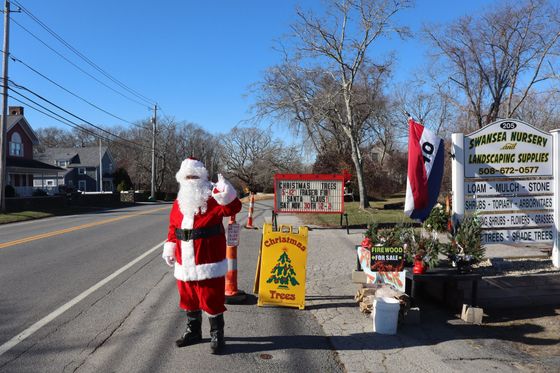 Santa Claus waving near a Christmas tree stand on a sunny day