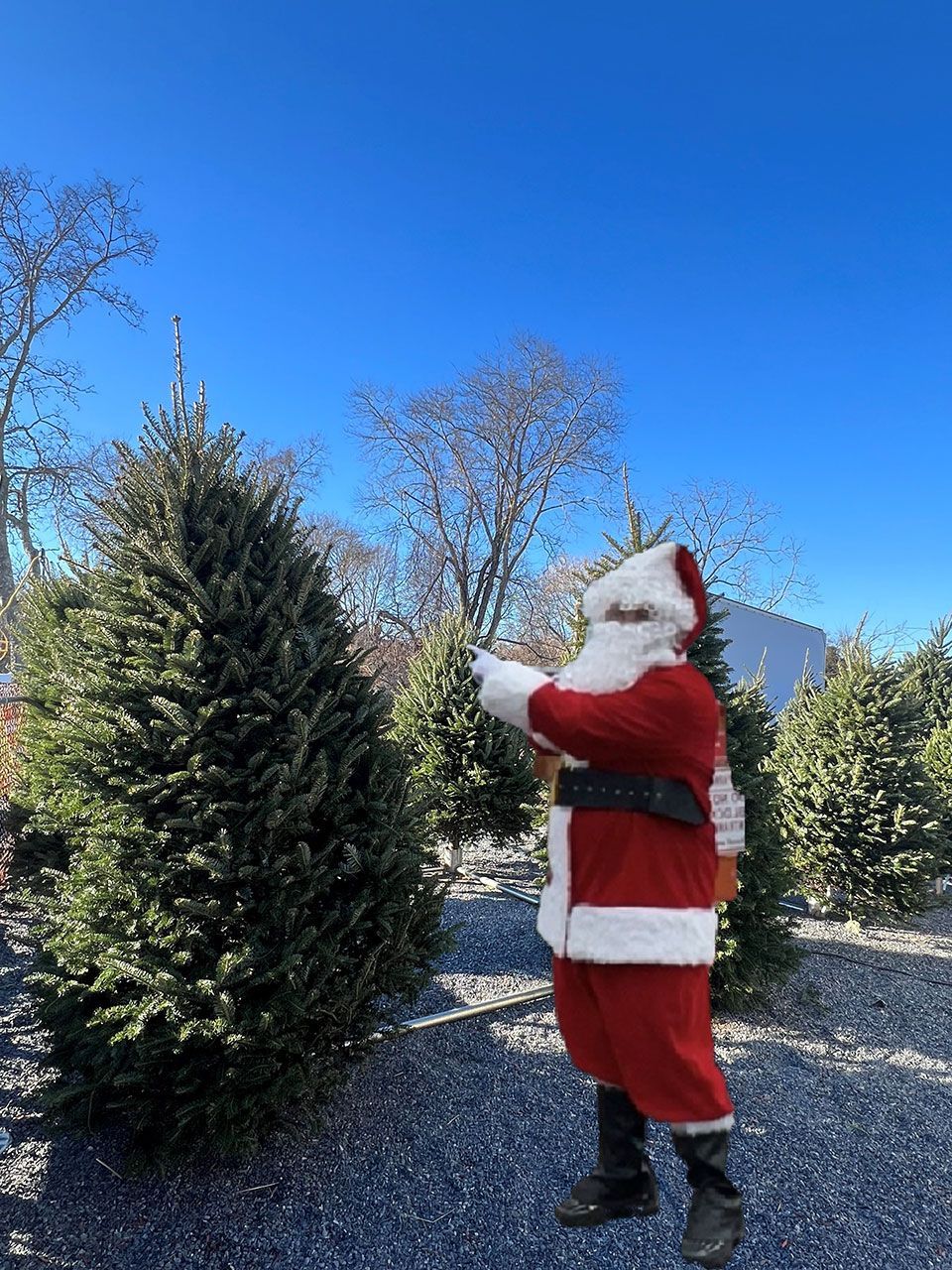 A man dressed as Santa Claus is standing next to a Christmas tree