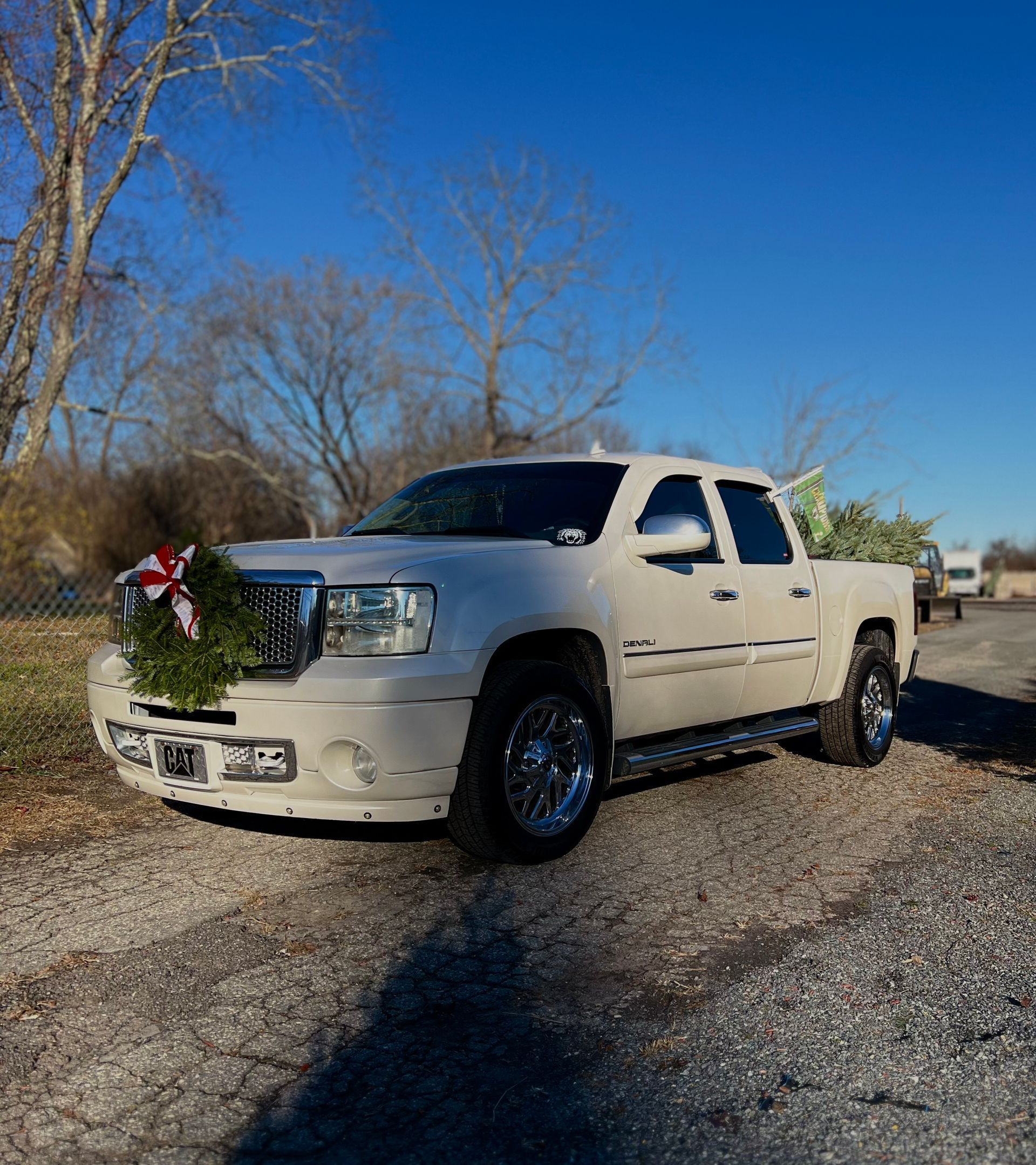 A white truck with a christmas tree in the back is parked on the side of the road.
