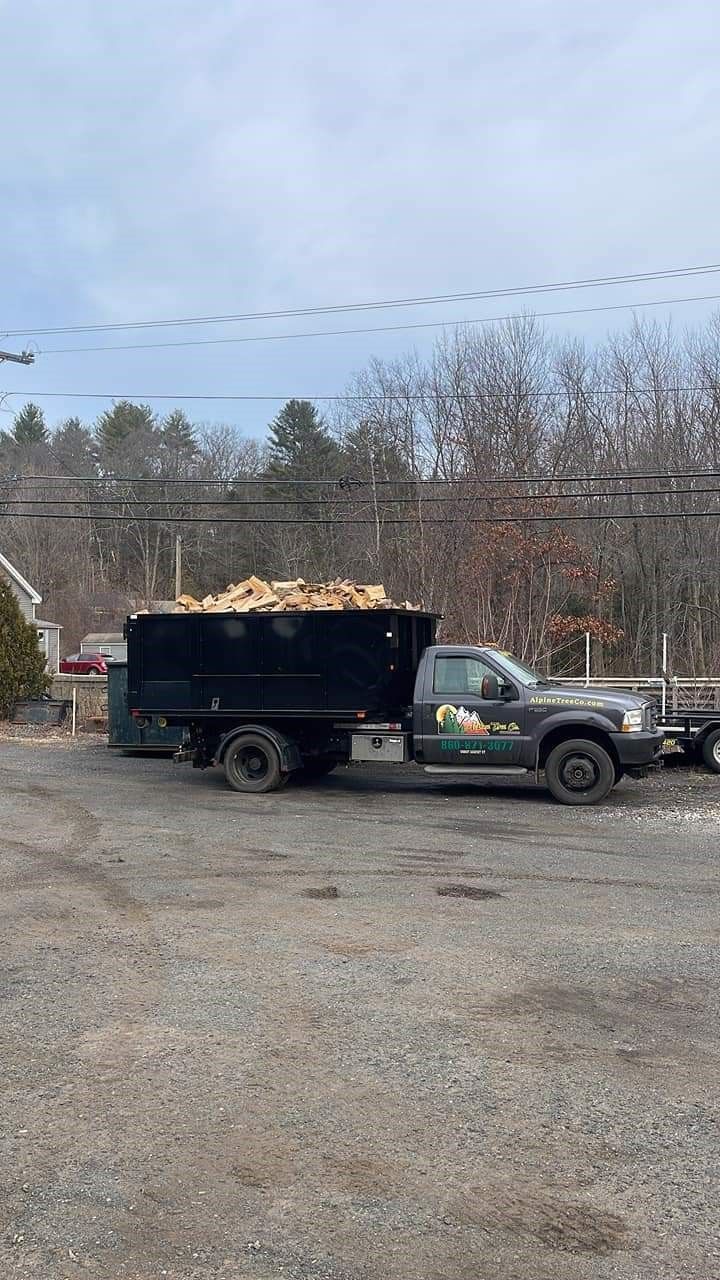 A dump truck loaded with firewood