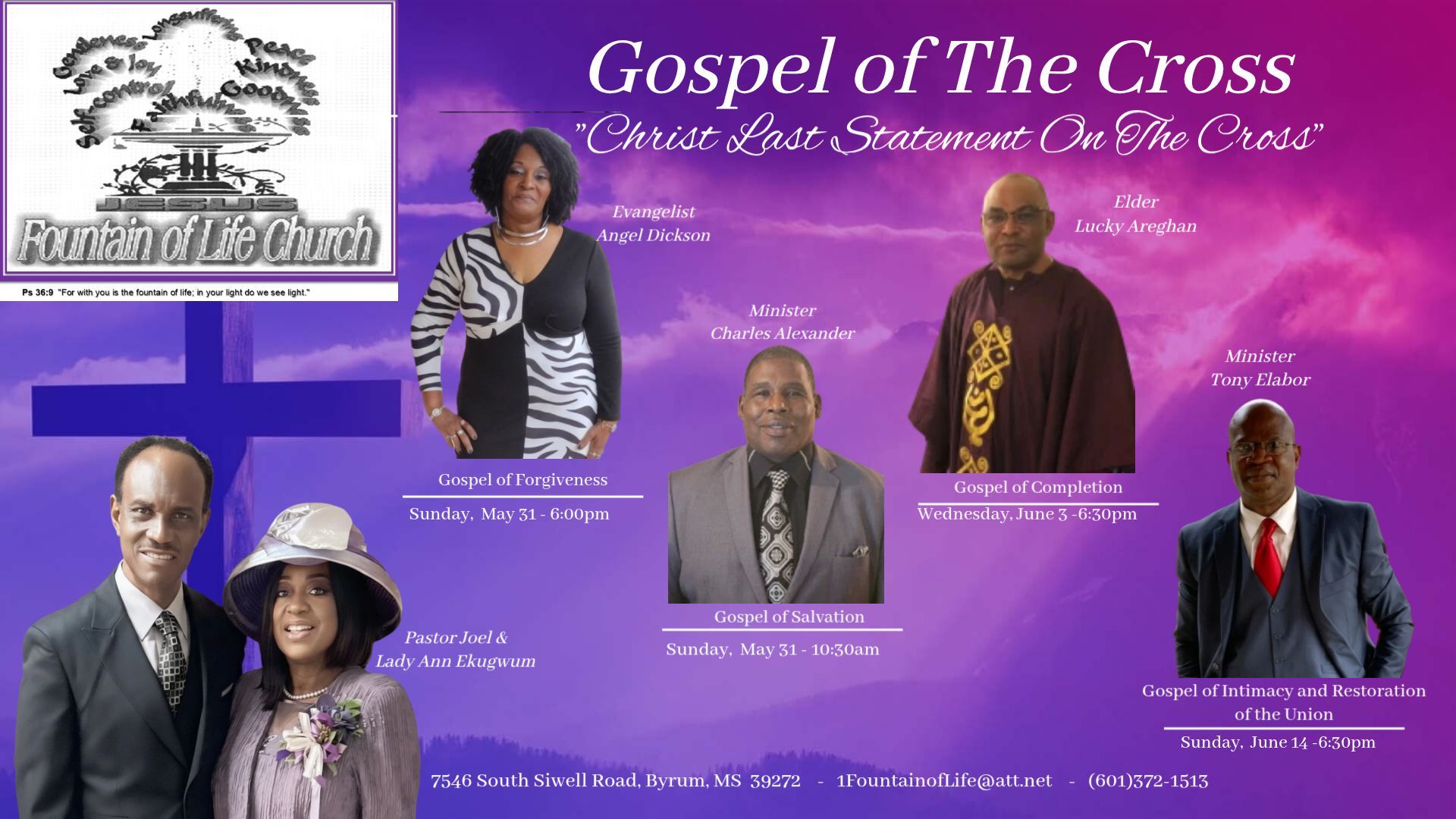 Purple gospel event flyer titled “Gospel of the Cross” with six speaker portraits and church logo on a white panel