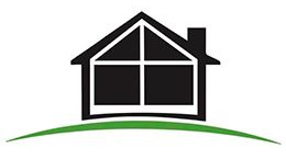 Black house silhouette with four-pane window and chimney on green curved base.