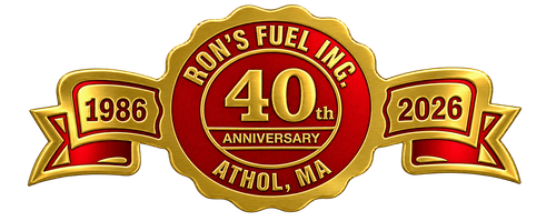 Ron’s Fuel Inc. 40th anniversary logo with 1986 and 2026 on gold-red banner, Athol, MA