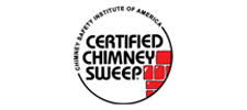 Logo: Certified Chimney Sweep, black text inside a black circle with a red brick chimney.