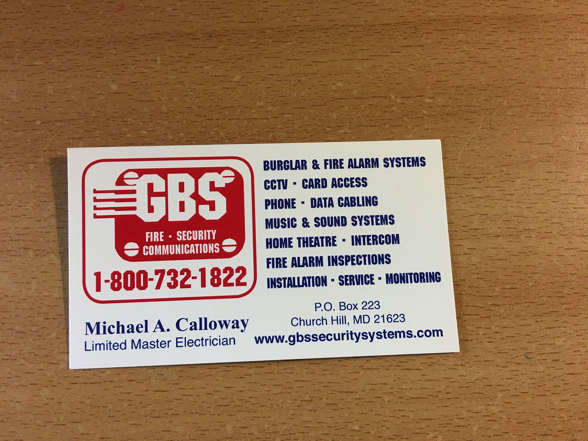 A business card for gbs fire security communications