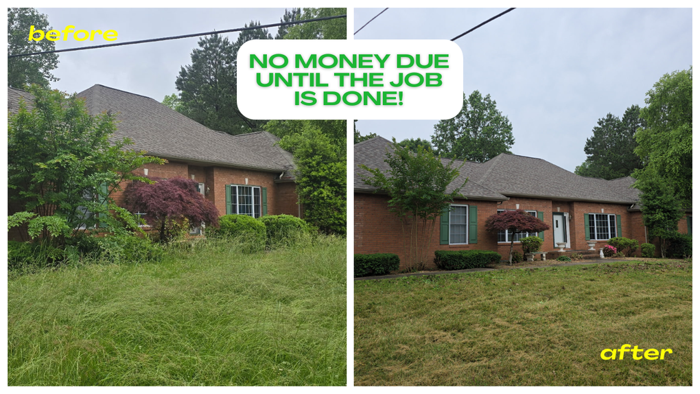 A before and after picture of a house with a sign that says no money due until the job is done