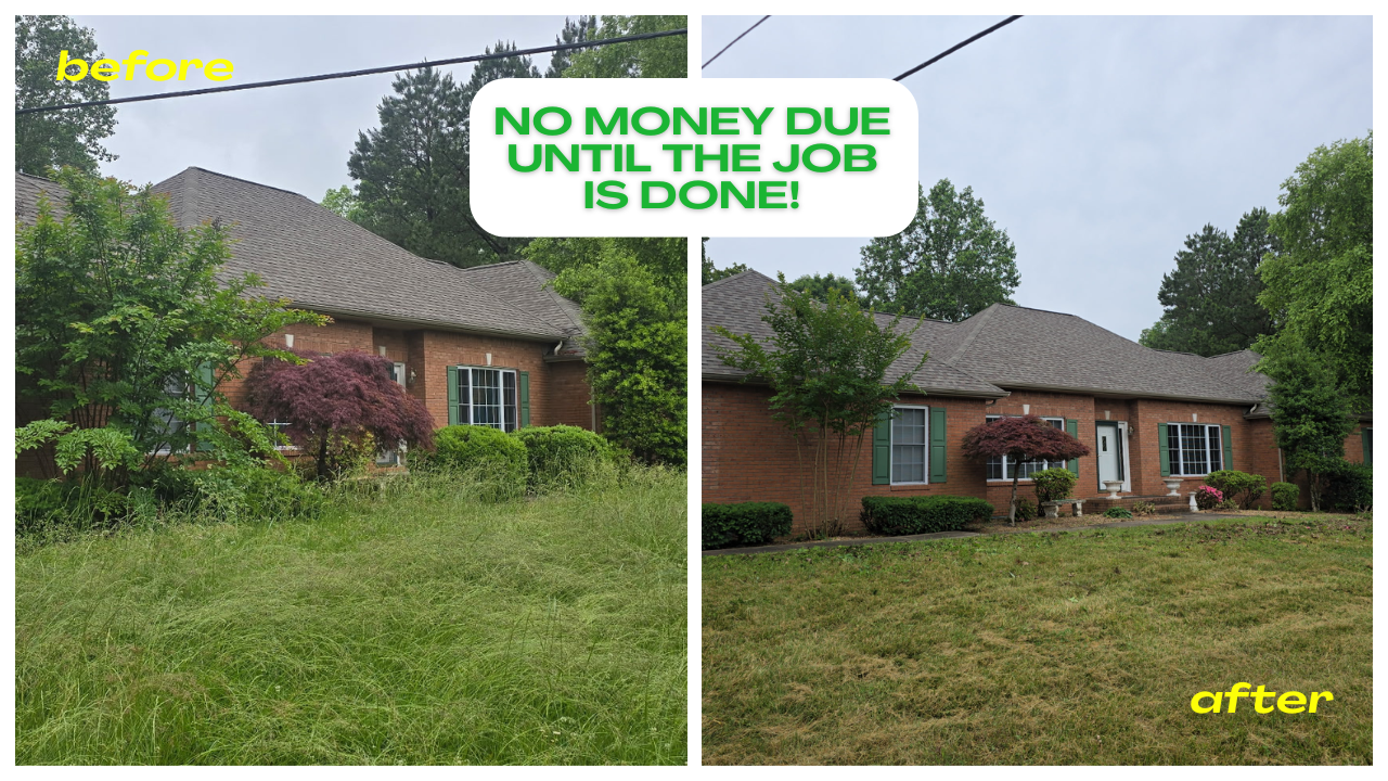 A before and after picture of a house with a sign that says no money due until the job is done