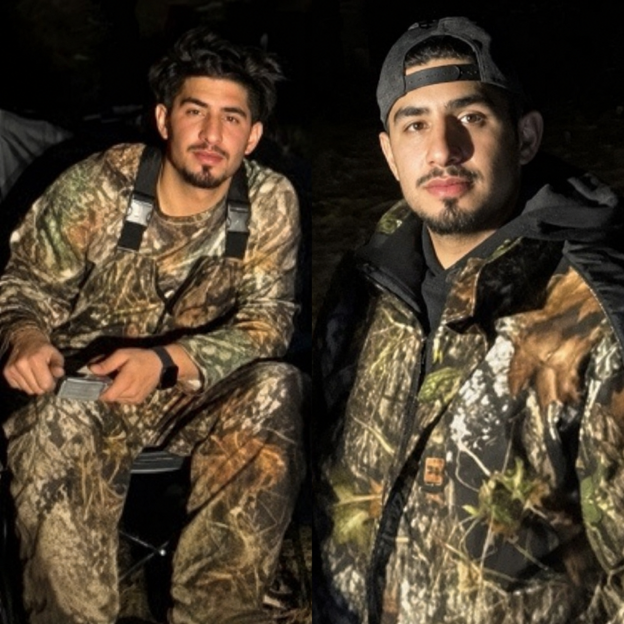 Two people in camouflage clothing sitting outdoors at night, lit by a flash.