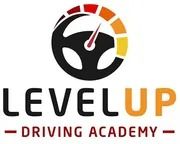 Level Up Driving Academy logo with speedometer icon and black, orange, and red text.